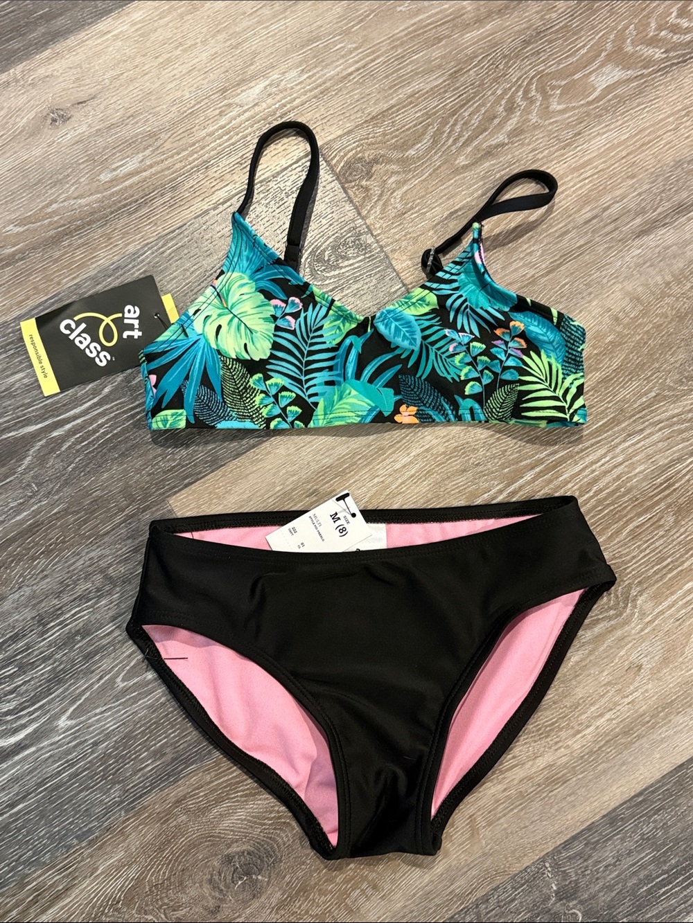 art class Tropical Blue-Green Printed Bikini Top with Black & Pink Lined Bottom